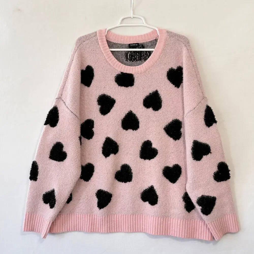 Torrid Sweater Women’s Plus 2X Oversized Baggy Pink Hearts Soft Comfy Snuggly